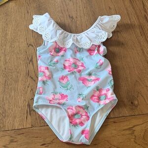 Janie and Jack 6 Girls Floral One-Piece Swimsuit with White Eyelet Ruffle